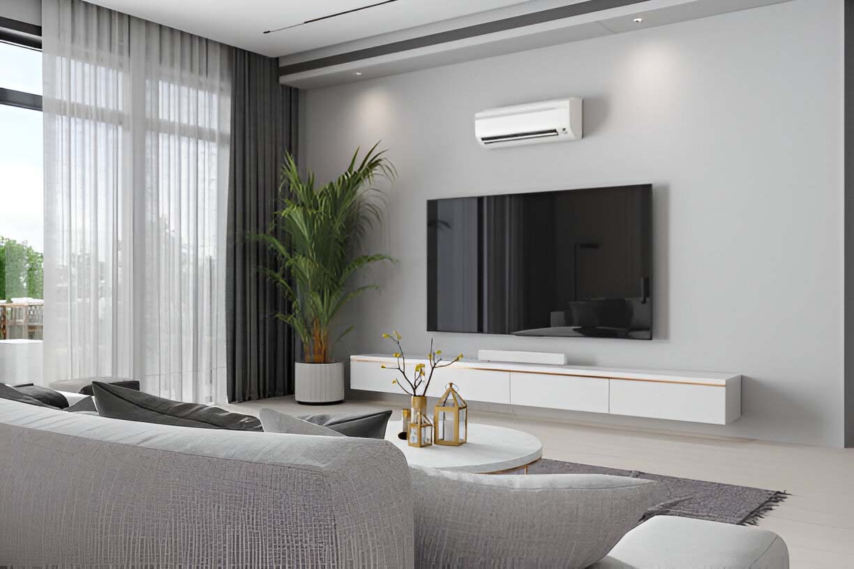 Sala residencial sofisticada com ar-condicionado integrado para conforto térmico